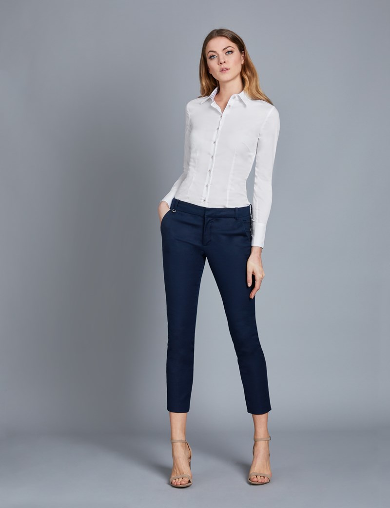 Women's White Fitted Stretch Shirt With Contrast Detail - Single Cuff ...