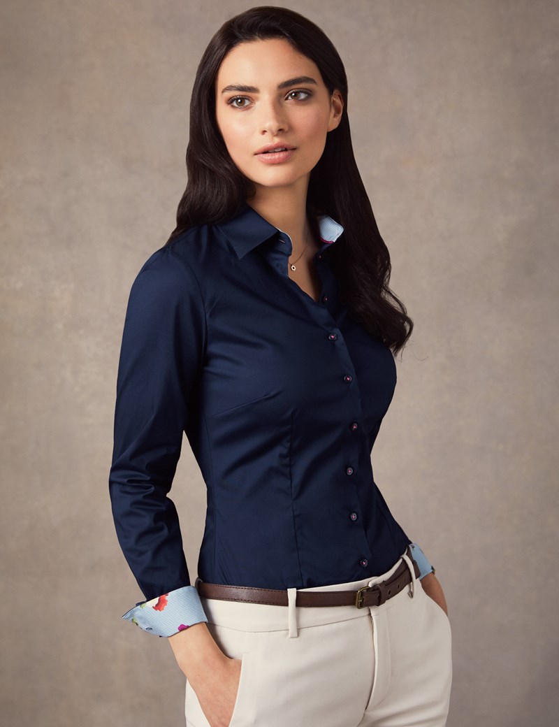 Women's Navy Stretch Fitted Shirt With Floral Printed Contrast Single