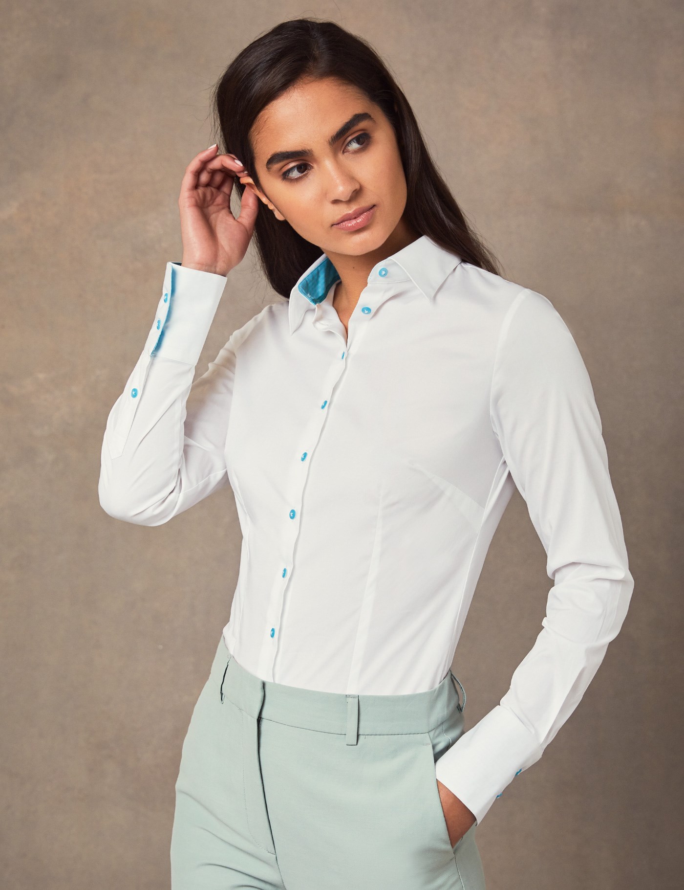 Women's White Stretch Fitted Shirt With With Contrast Collar & Cuff