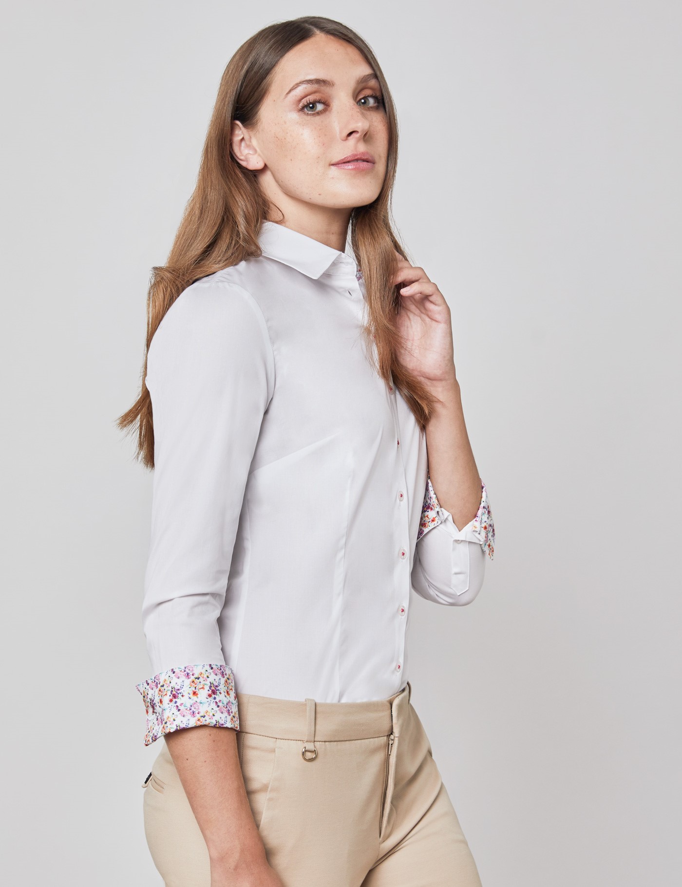 Easy Iron Plain Cotton Stretch Women's Fitted Shirt with Contrast ...
