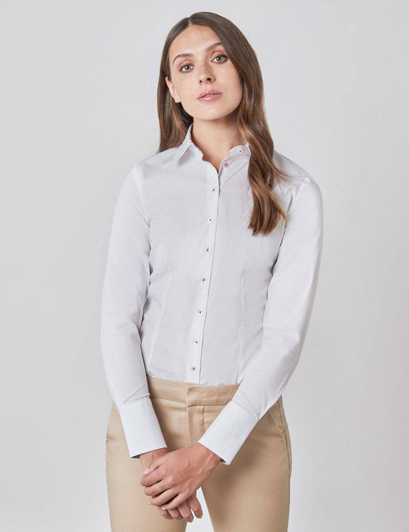 Easy Iron Plain Cotton Stretch Women's Fitted Shirt with Contrast ...