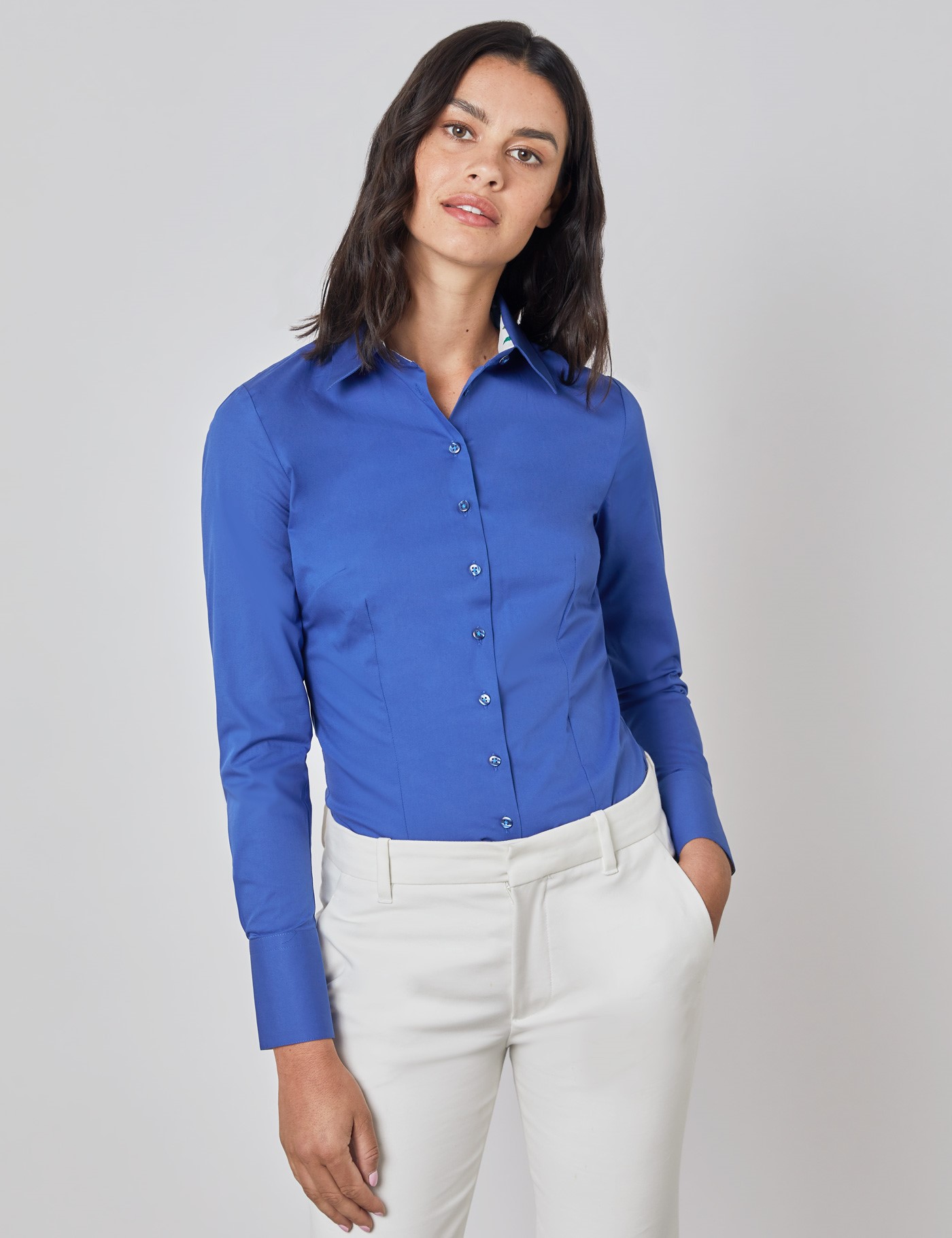 Easy Iron Plain Cotton Stretch Women S Fitted Shirt With Contrast Details And Single Cuff In
