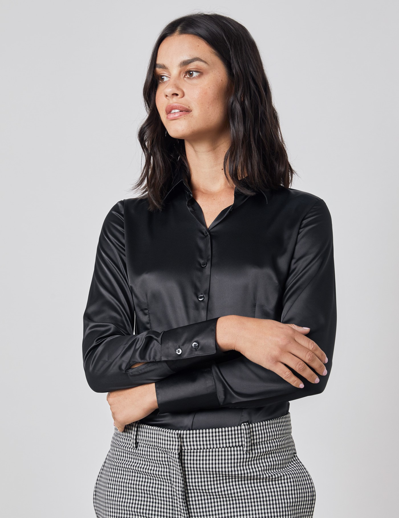 Satin Womens Fitted Shirt With Single Cuff In Black Hawes And Curtis Uk 