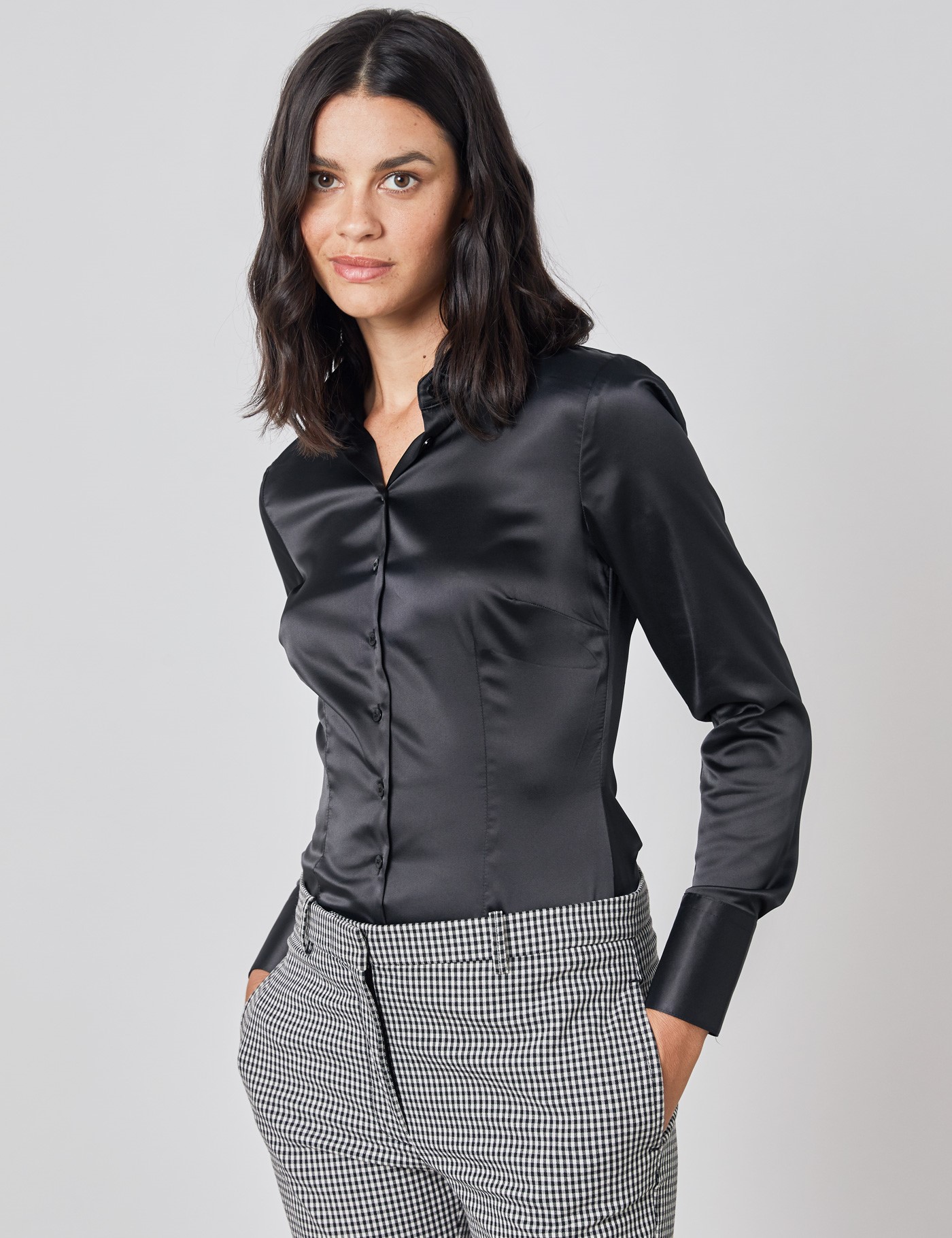 Satin Women S Fitted Shirt With Single Cuff In Black Hawes And Curtis Uk