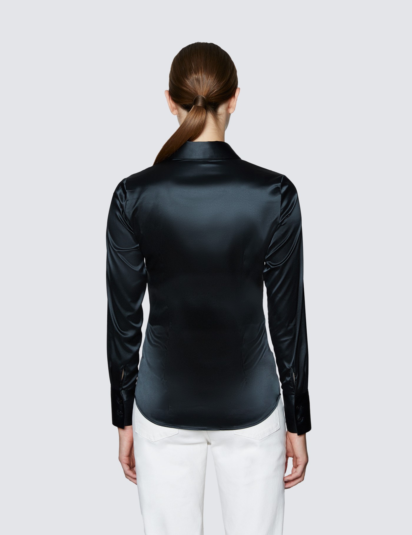 Satin Women S Fitted Shirt With Single Cuff In Black Hawes And Curtis