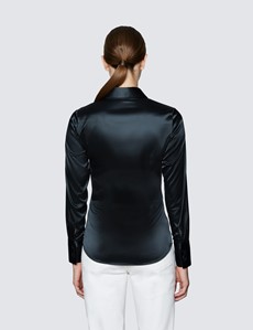Women's Black Fitted Satin Shirt - Single Cuff
