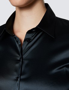 Women's Black Fitted Satin Shirt - Single Cuff