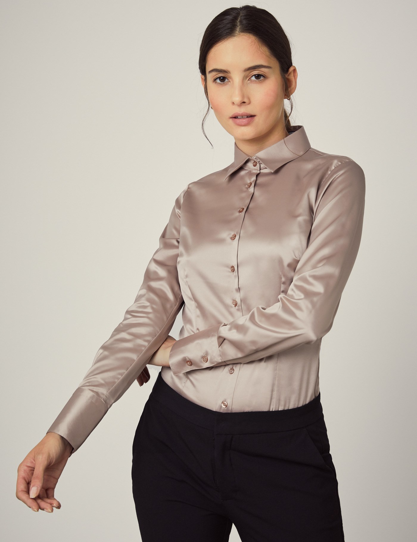 Women S Taupe Fitted Satin Shirt Single Cuff Hawes And Curtis