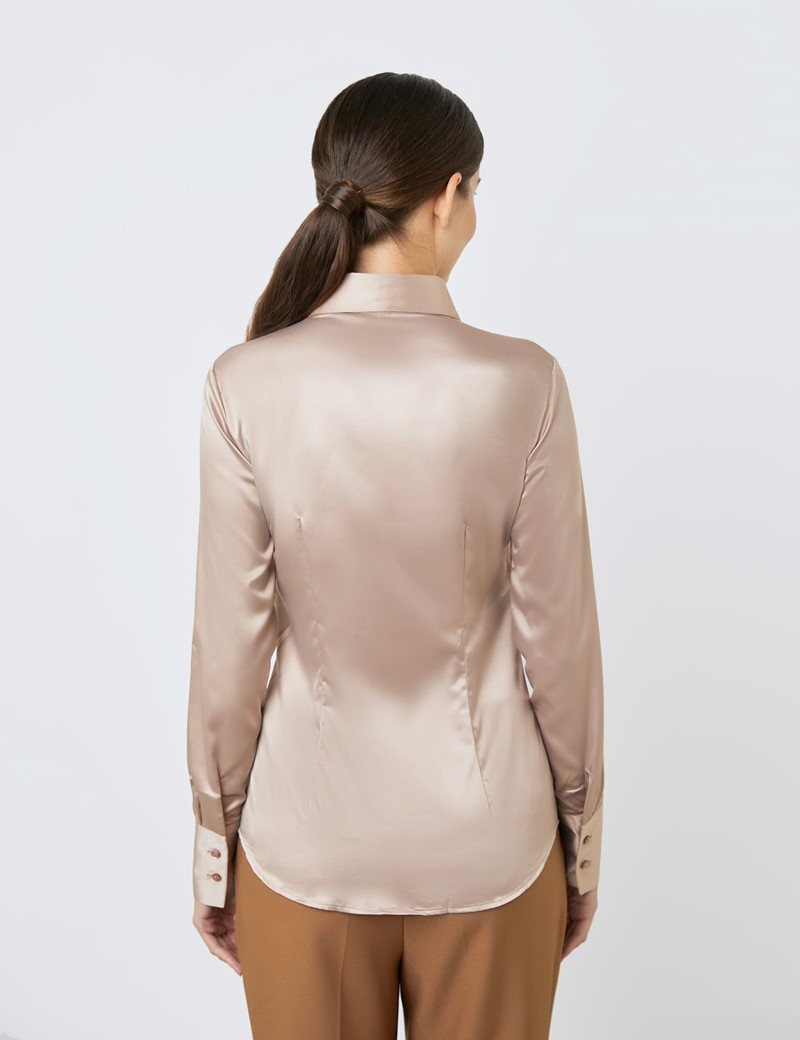 Women's Taupe Fitted Satin Shirt - Single Cuff