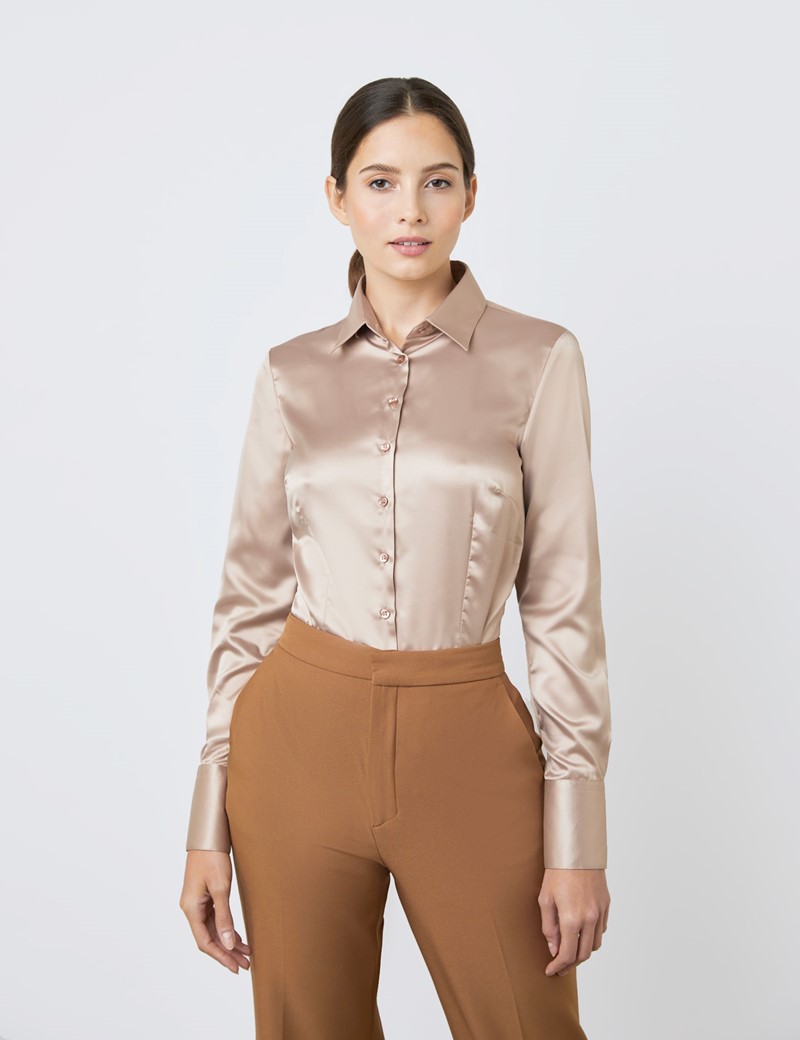 Women's Taupe Fitted Satin Shirt - Single Cuff
