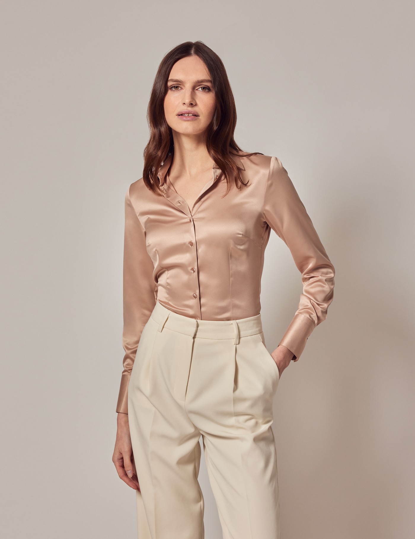 Women's Taupe Fitted Satin Shirt - Single Cuffs