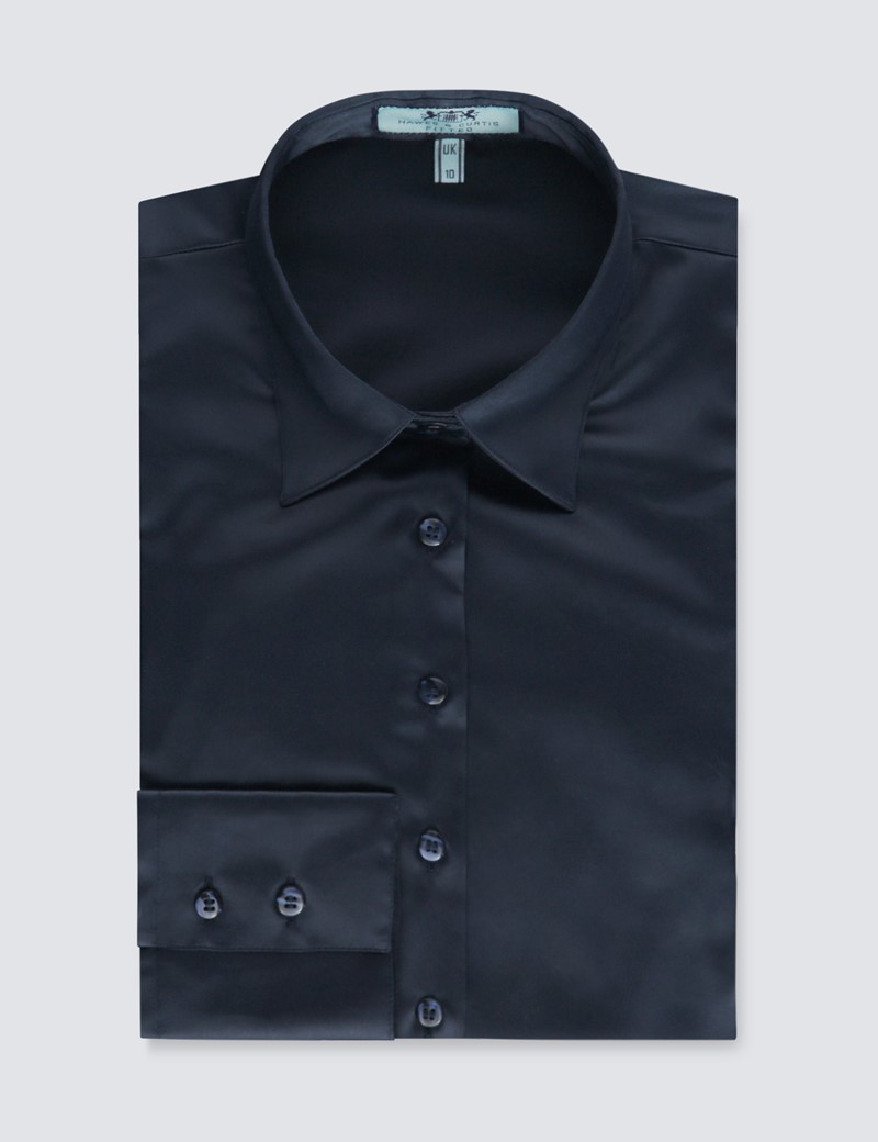 Women's Navy Fitted Satin Shirt | Hawes & Curtis