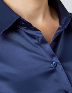 Women's Navy Fitted Satin Shirt - Single Cuff