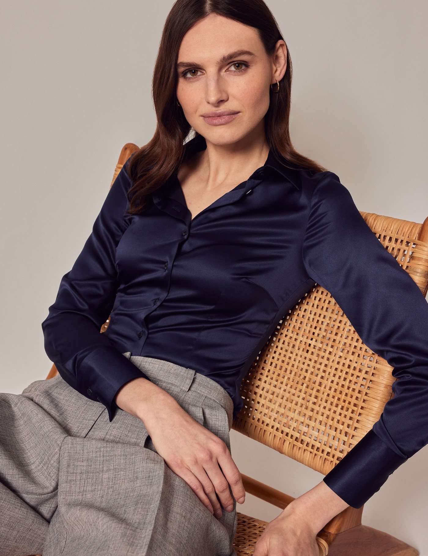 Women's Navy Fitted Satin Shirt - Single Cuffs | Hawes & Curtis