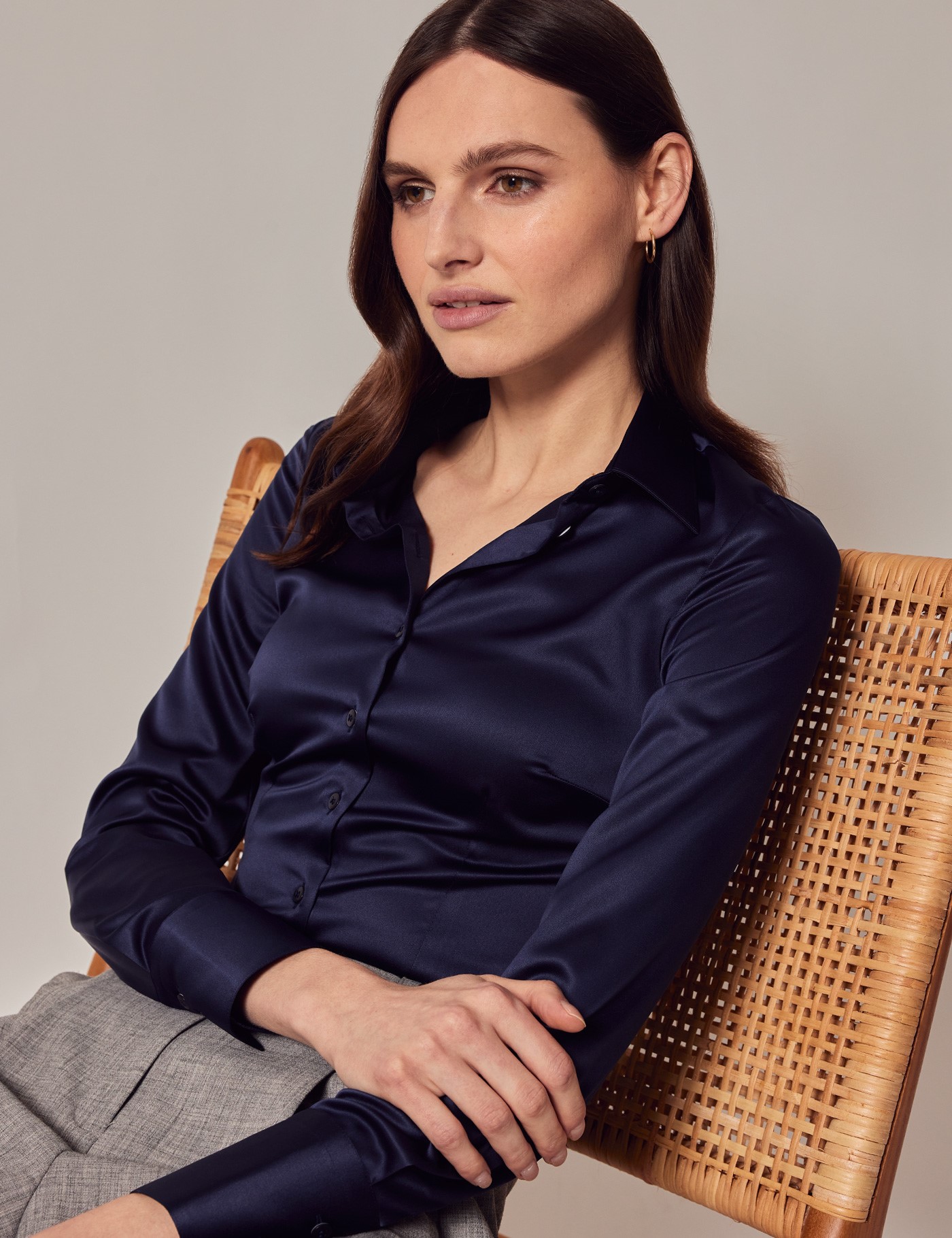 Women's Navy Fitted Satin Shirt | Hawes & Curtis