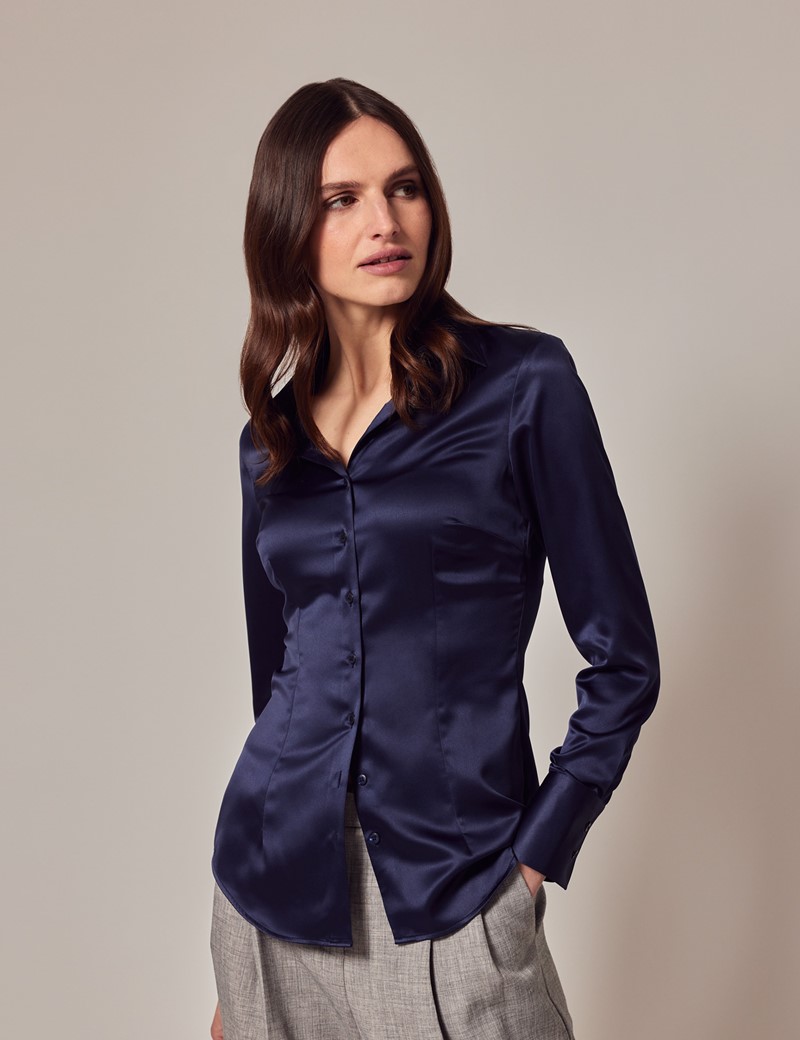 Women's Navy Fitted Satin Shirt | Hawes & Curtis