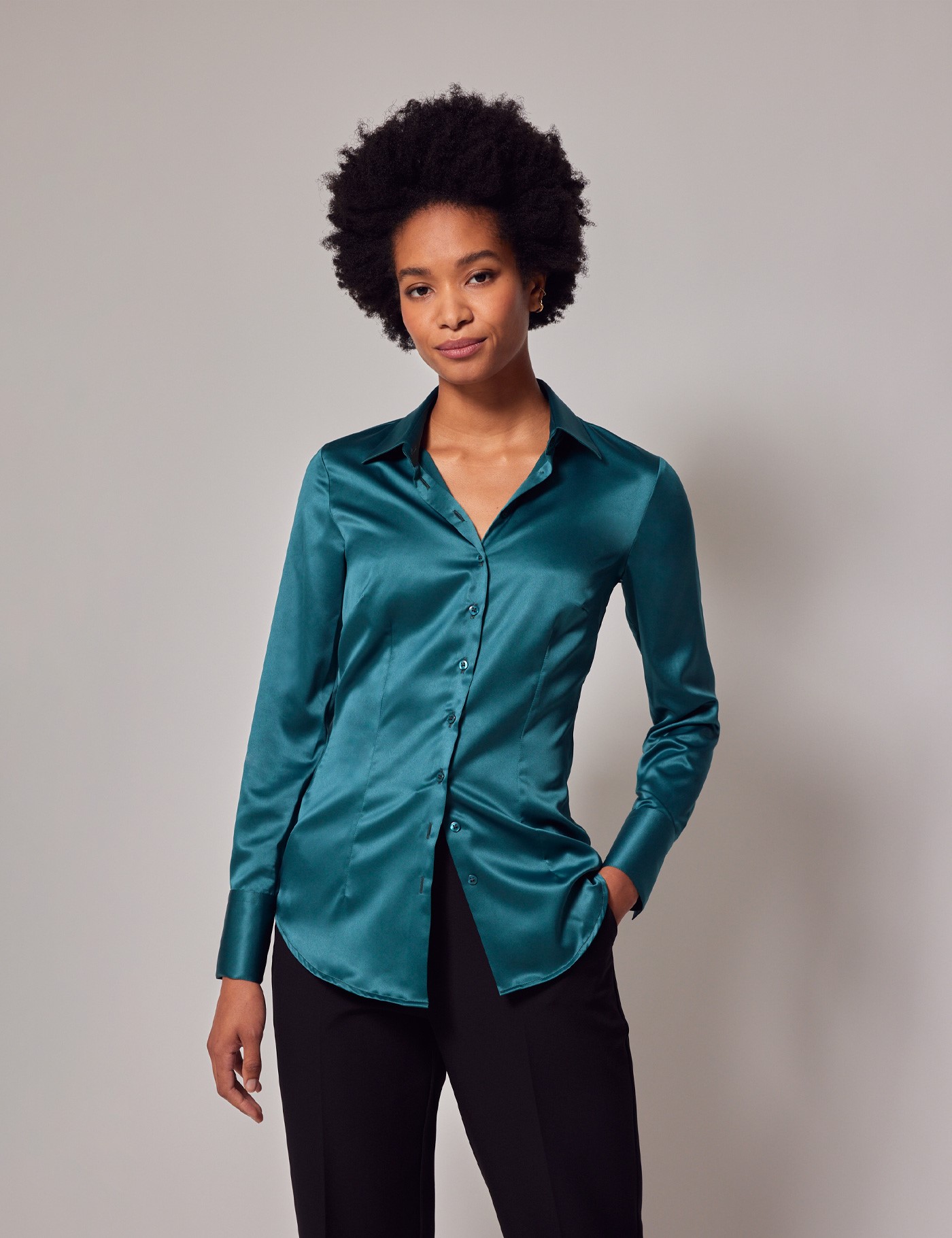 Women's Forest Green Fitted Satin Shirt | Hawes and Curtis