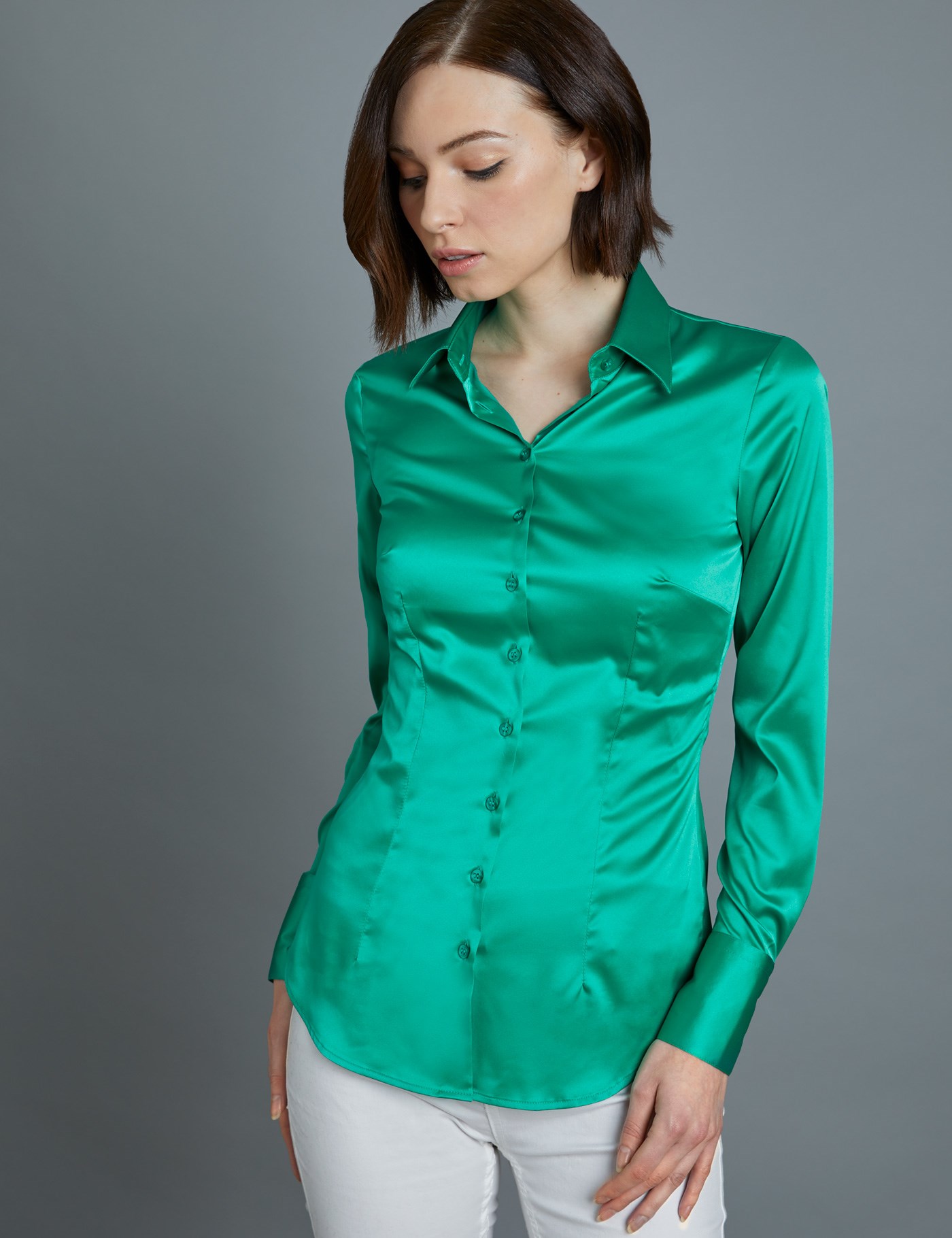 Women S Green Fitted Satin Shirt Single Cuff Hawes And Curtis