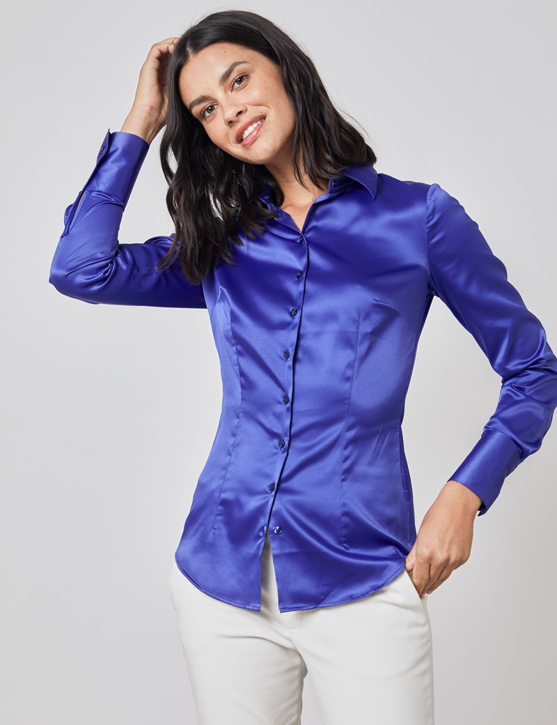 Plain Satin Stretch Women's Fitted Shirt with Single Cuff in Electric ...
