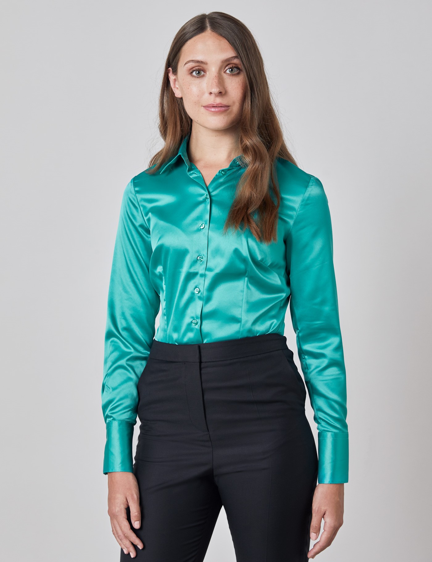 Plain Satin Stretch Women S Fitted Shirt With Single Cuff In Jade Hawes And Curtis Australia