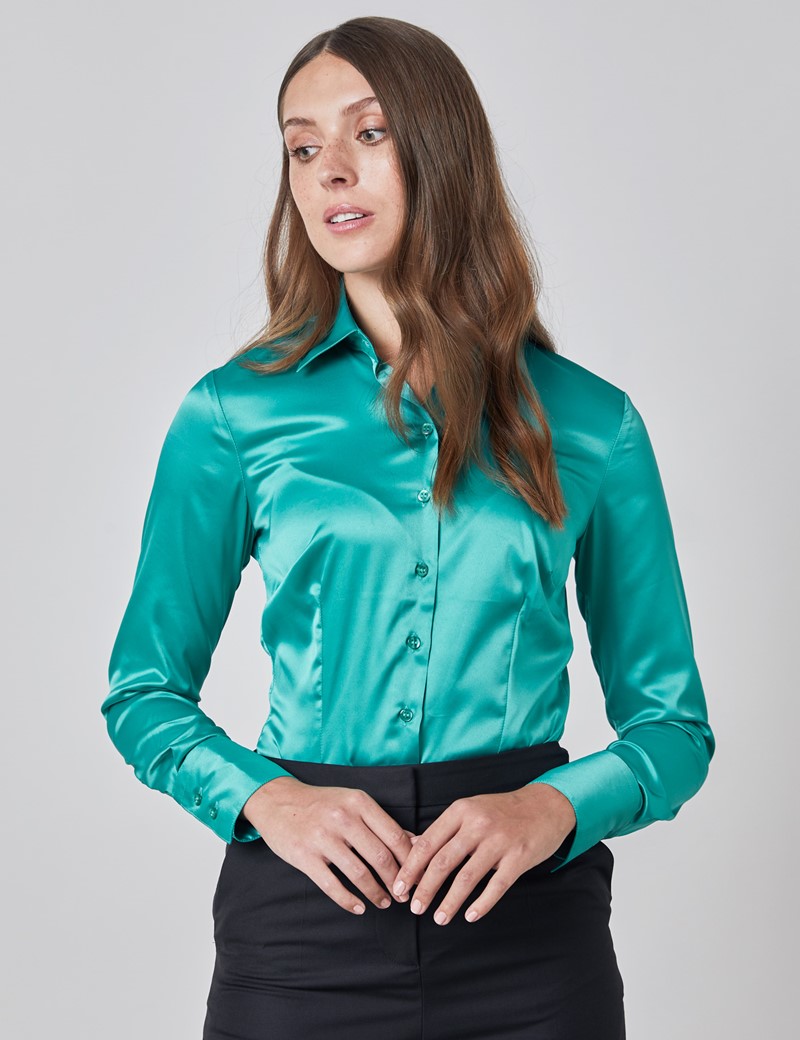 Plain Satin Stretch Womens Fitted Shirt With Single Cuff In Jade Hawes And Curtis Uk 