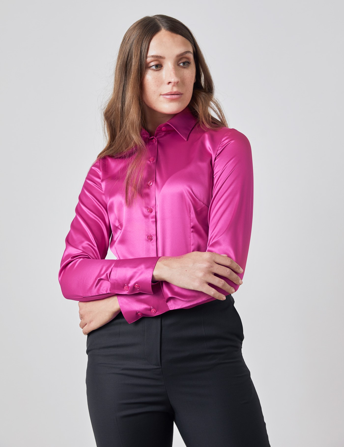 Plain Satin Stretch Womens Fitted Shirt With Single Cuff In Bright Pink Hawes And Curtis Uk