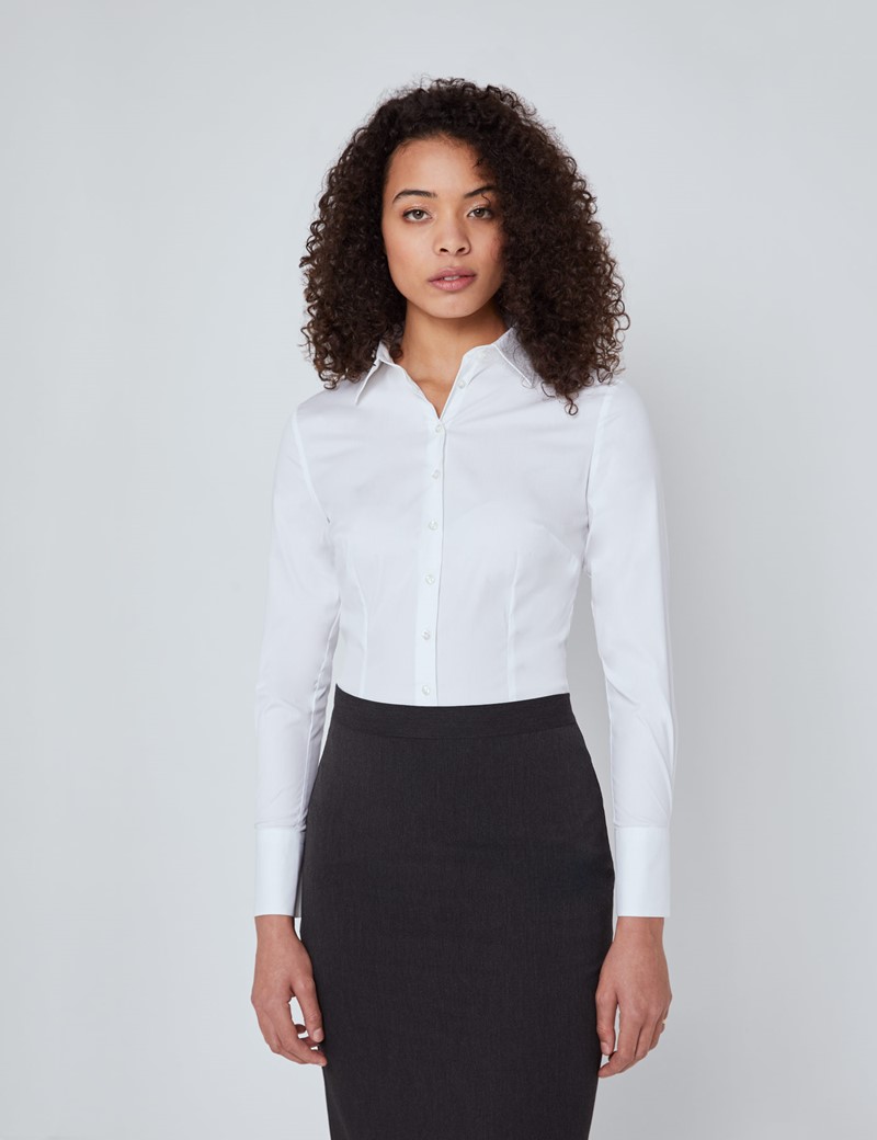 Women's White Luxury Cotton Nylon Fitted Shirt - Single Cuffs
