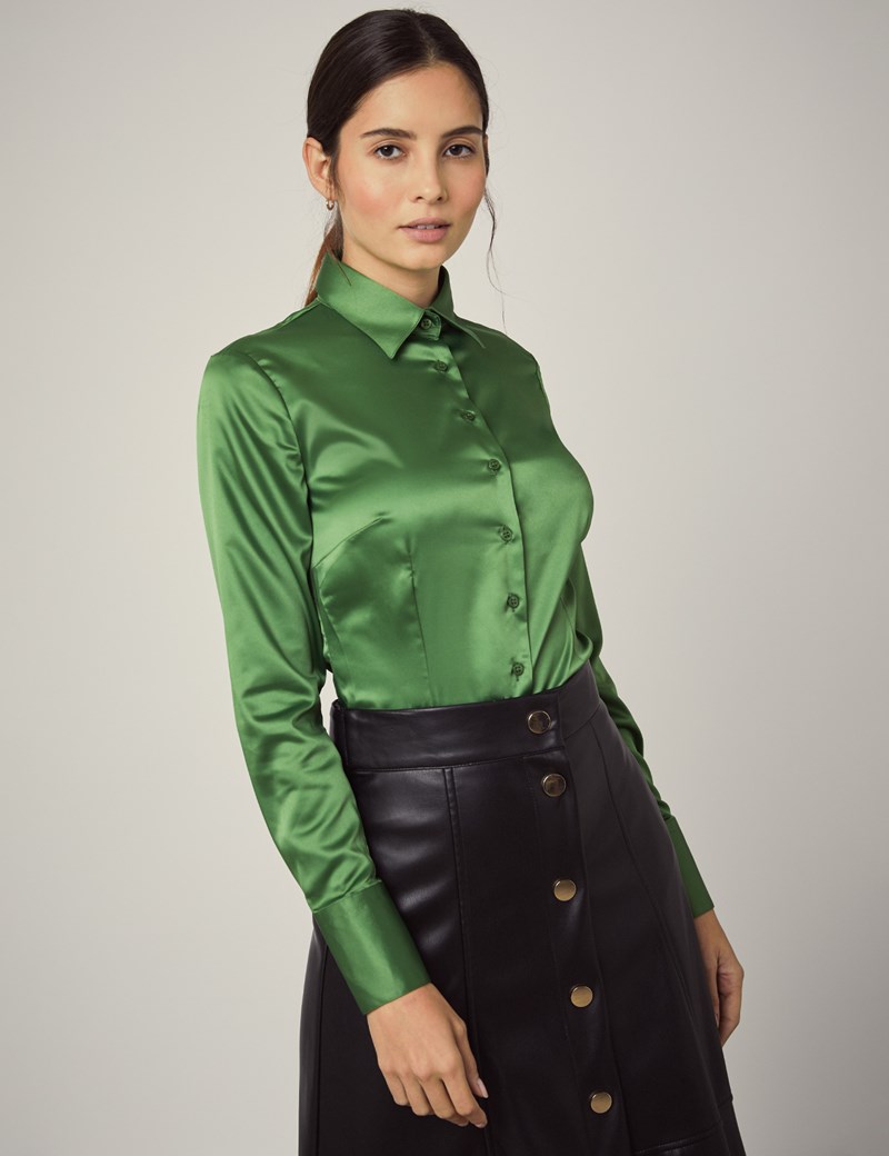 Womens Cactus Green Fitted Satin Shirt Single Cuff Hawes And Curtis