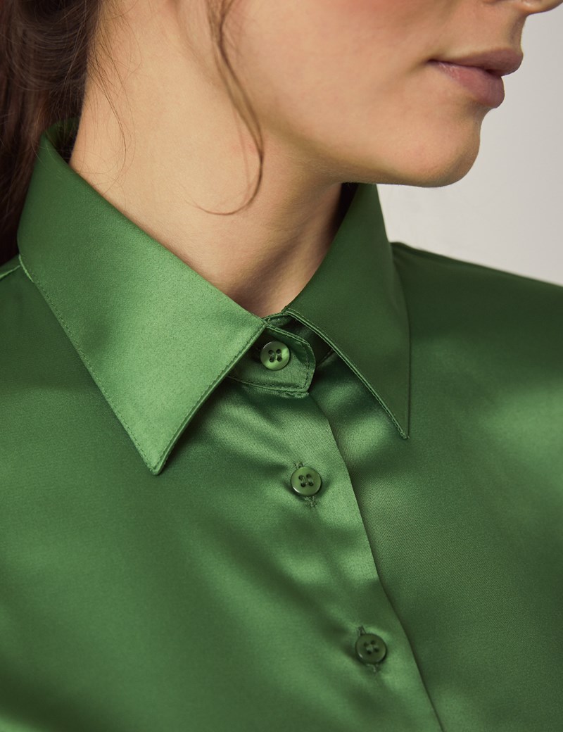 Women S Cactus Green Fitted Satin Shirt Single Cuff Hawes And Curtis