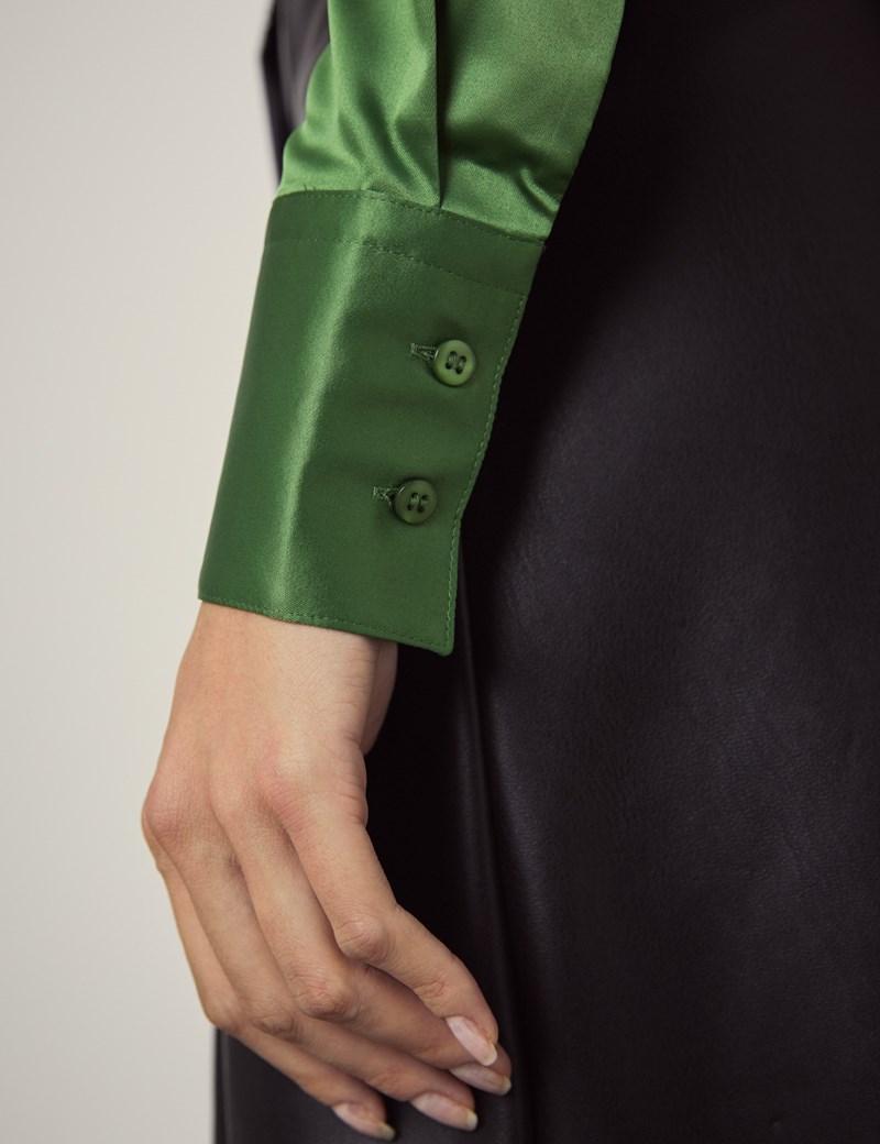 Women's Cactus Green Fitted Satin Shirt - Single Cuff | Hawes & Curtis