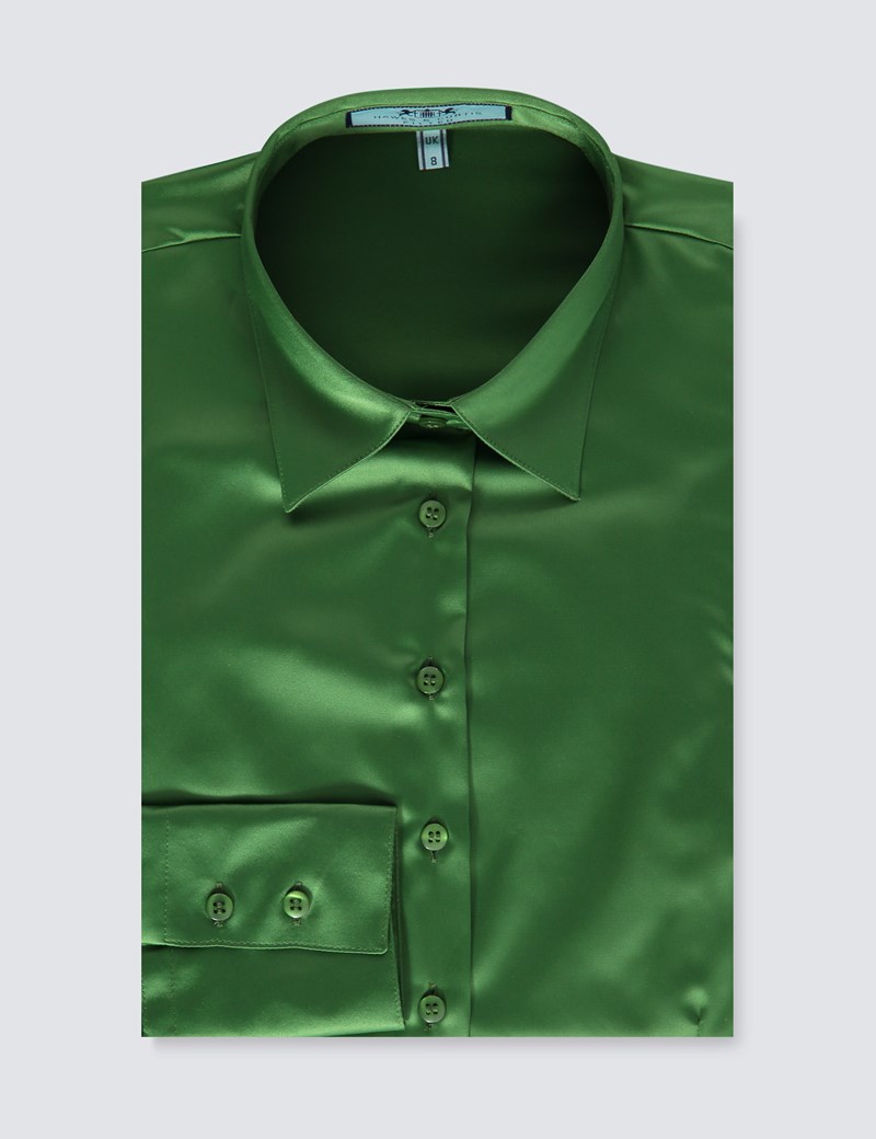 Women S Cactus Green Fitted Satin Shirt Single Cuff Hawes And Curtis