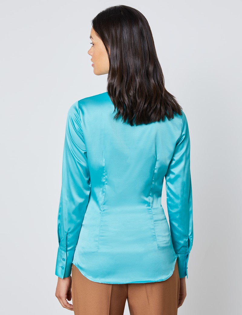 Women's Ocean Blue Fitted Satin Shirt - Single Cuff | Hawes & Curtis