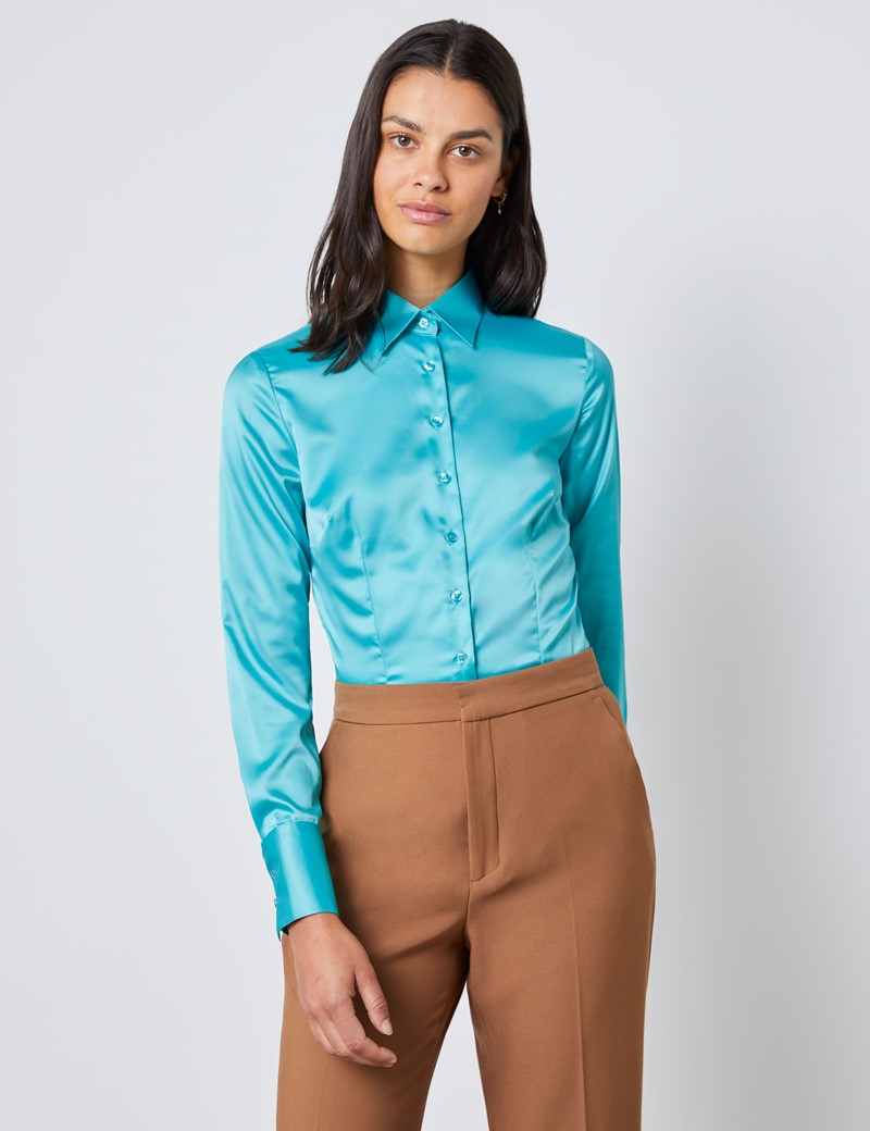Women's Ocean Blue Fitted Satin Shirt - Single Cuff | Hawes & Curtis