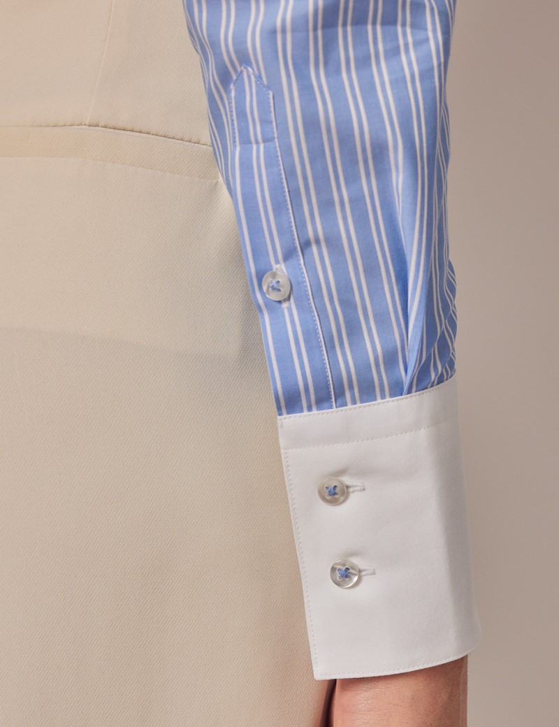Blue & White Double Stripe Fitted Shirt With White Collar & Cuffs ...