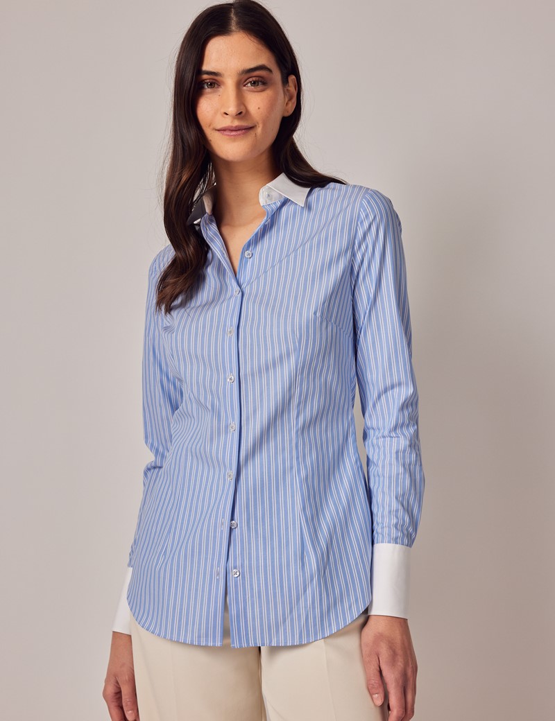 Blue & White Double Stripe Fitted Shirt With White Collar & Cuffs ...