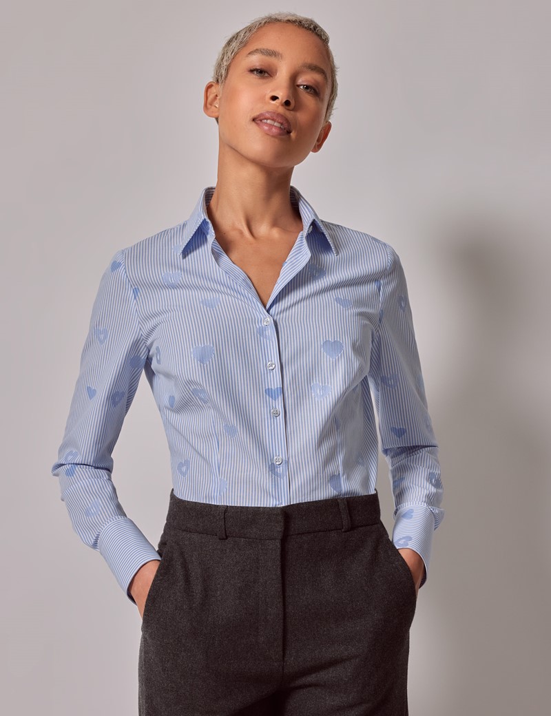 Women's Blue Striped Dobby Hearts Fitted Shirt | Hawes & Curtis