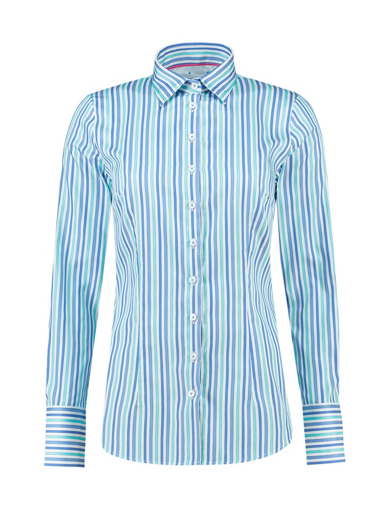 Women's Blue & Turquoise Multi Stripe Fitted Shirt - Single Cuff ...