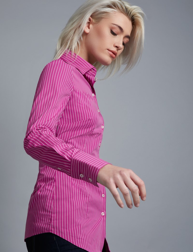 Women's Pink & White Stripe Fitted Shirt With Contrast Detail - Single ...