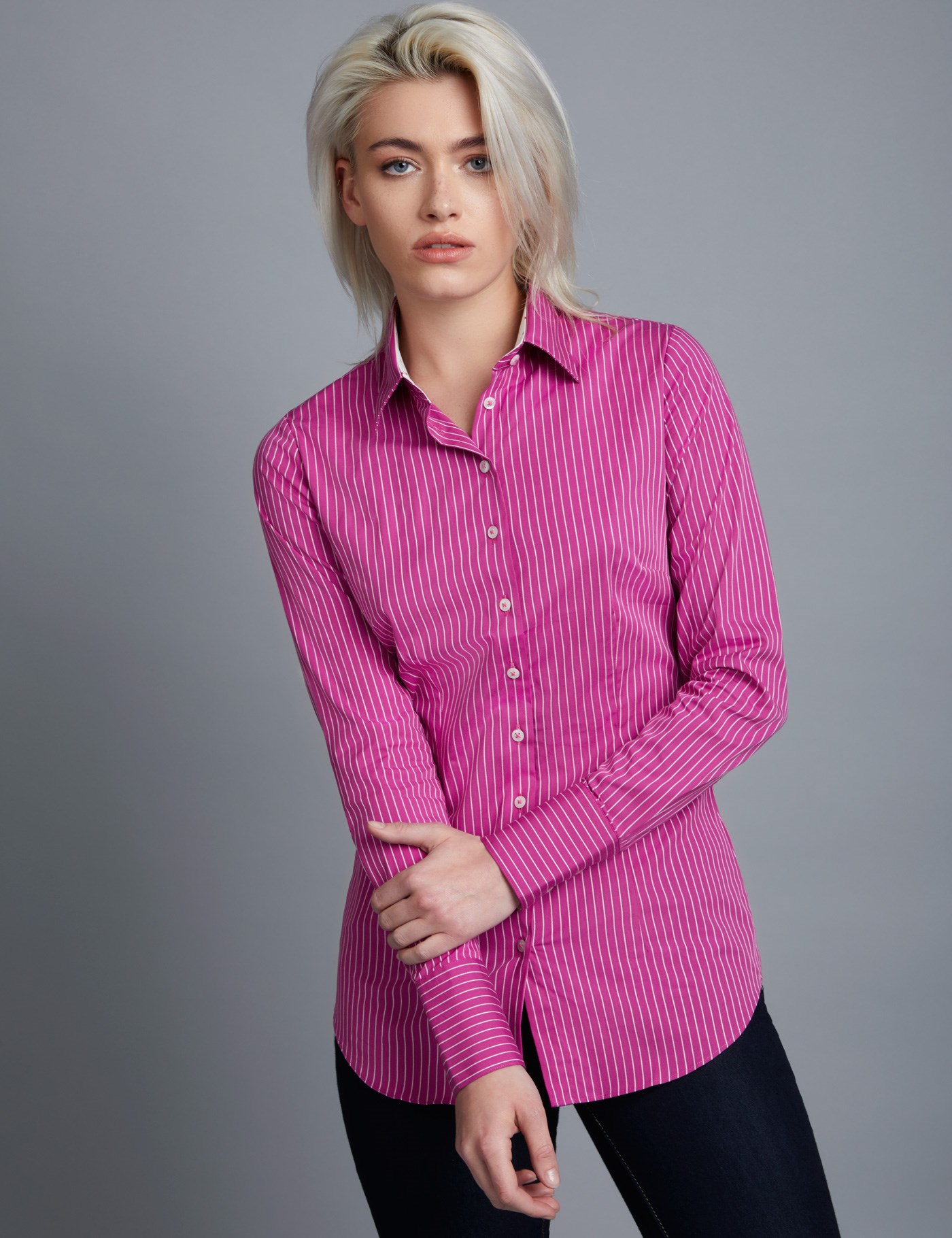 Womens Pink And White Stripe Fitted Shirt With Contrast Detail Single Cuff Hawes And Curtis