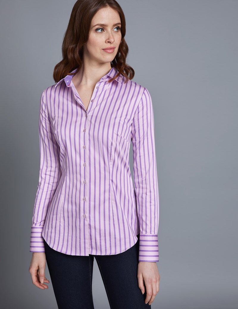 Women's Pink & Purple Stripe Fitted Shirt With Contrast Detail - Single ...