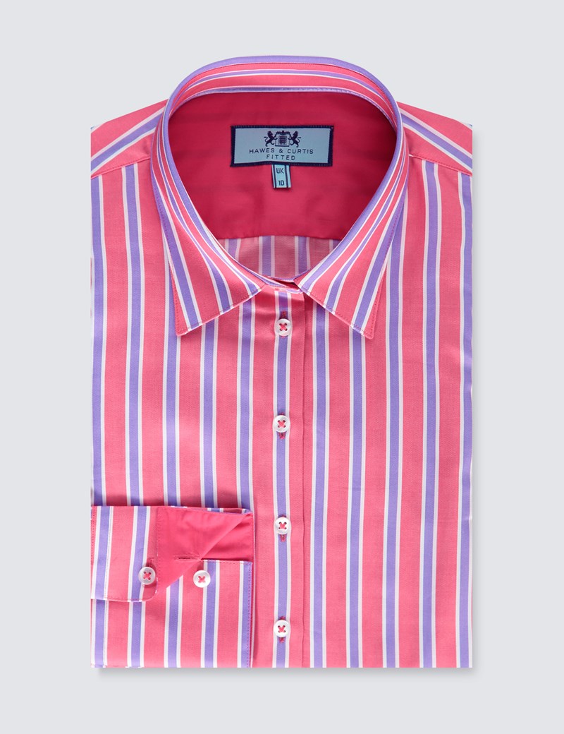 Women's Coral & Lilac Multi Stripe Fitted Shirt With Contrast Detail ...