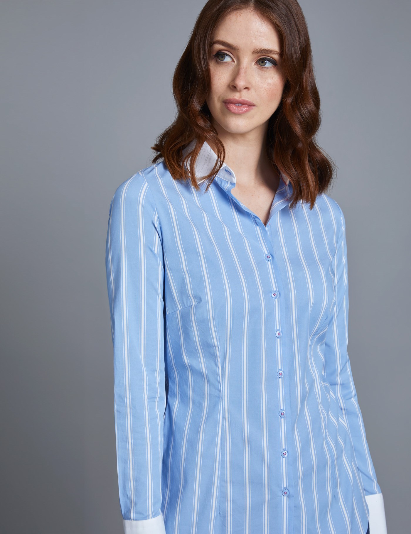Women S Blue And White Multi Stripe Fitted Shirt With Contrast Detail Single Cuff Hawes And Curtis