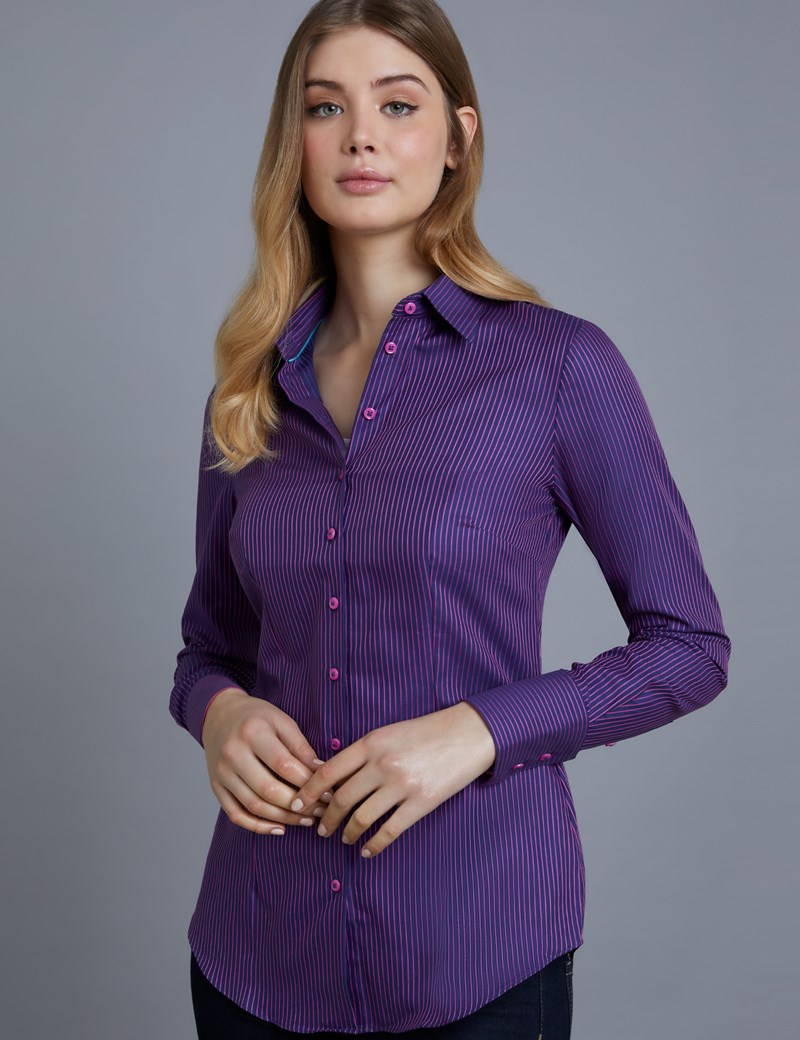 Women's Navy & Fuchsia Stripe Fitted Shirt - Single Cuff | Hawes & Curtis