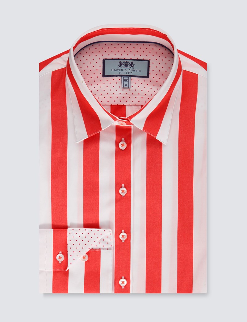 Women's White & Red Wide Stripe Fitted Shirt With Contrast Collar ...