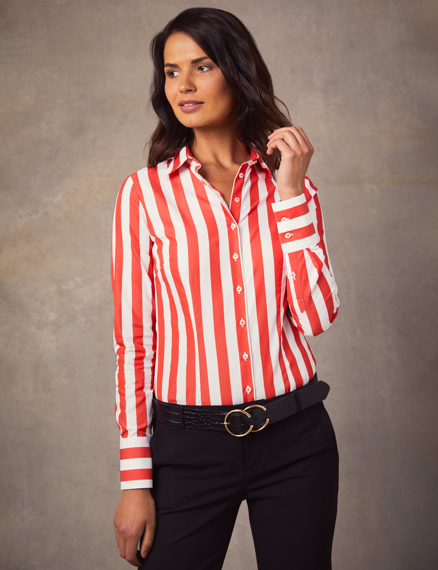 Womens White And Red Wide Stripe Fitted Shirt With Contrast Collar 6996