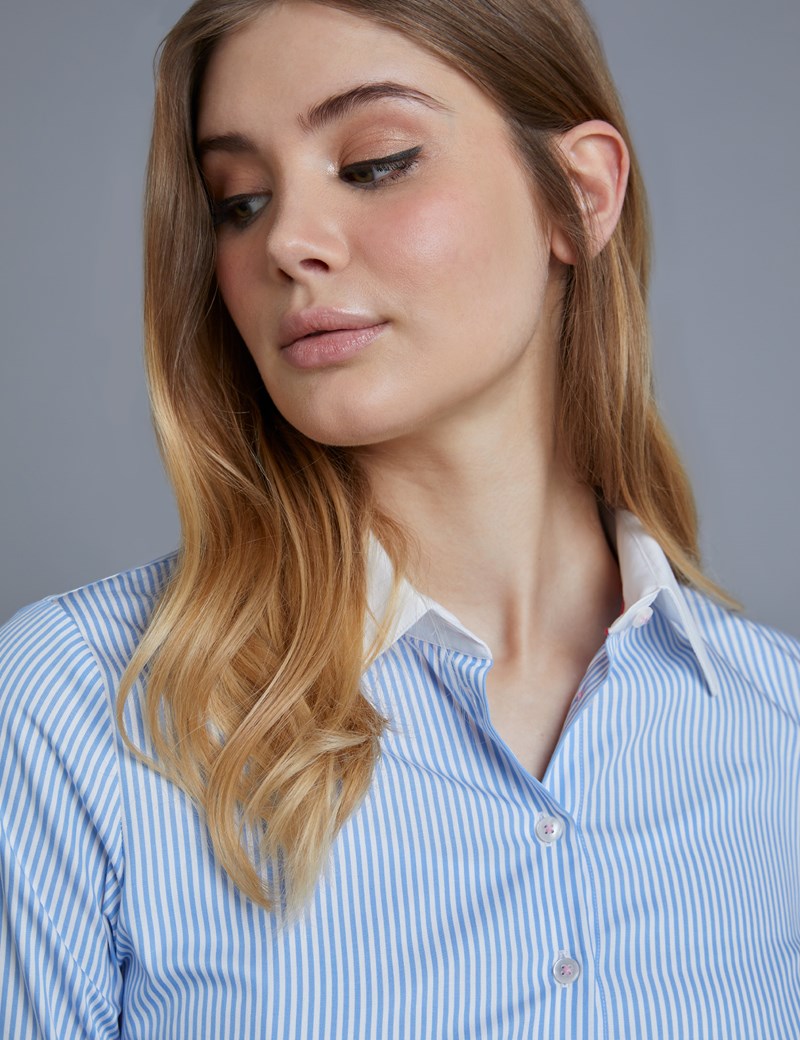 Women's Blue & White Bengal Stripe Fitted Slim Shirt With Contrast ...