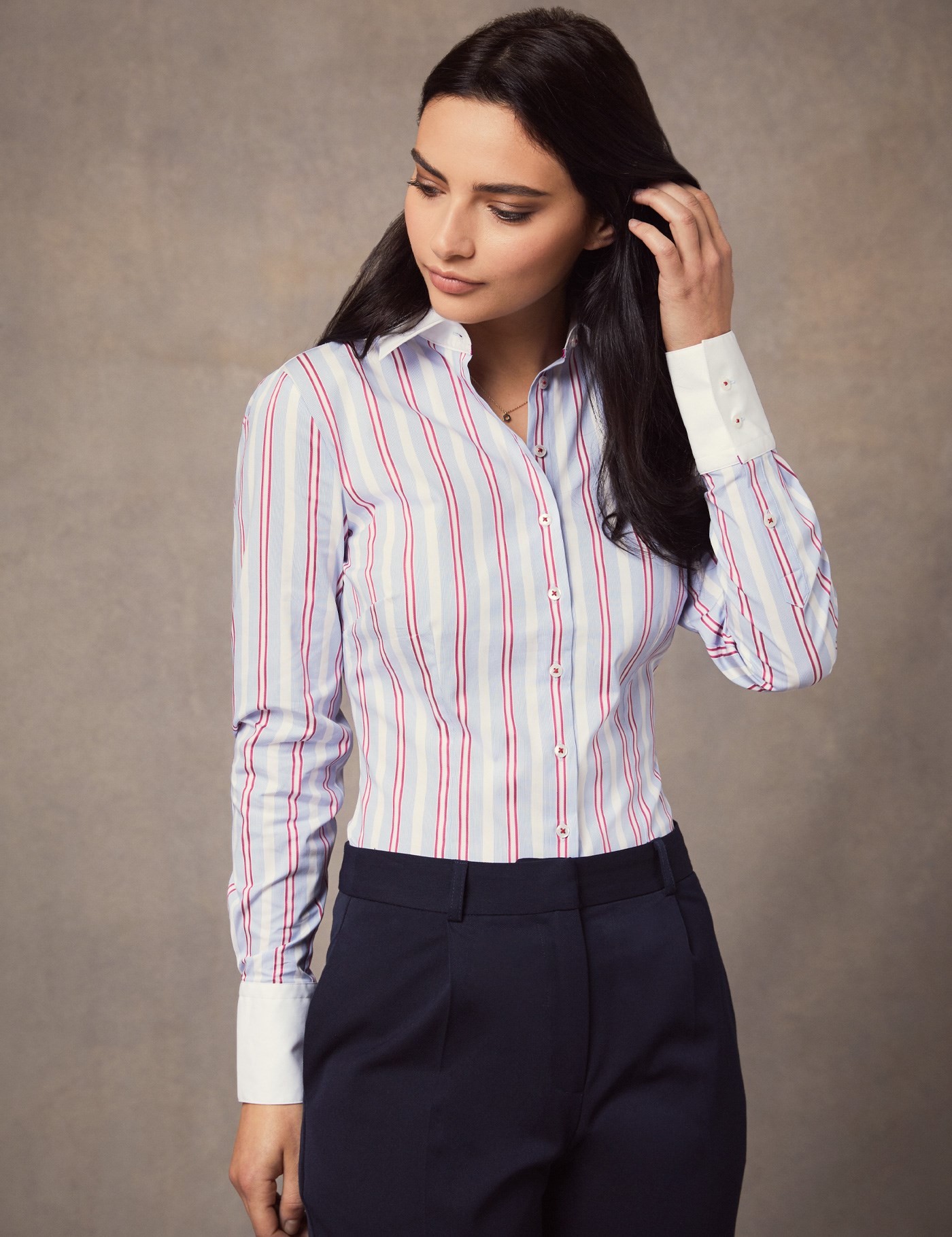 Women's Blue & Red Multi Stripe Fitted Slim Shirt With White Collar ...