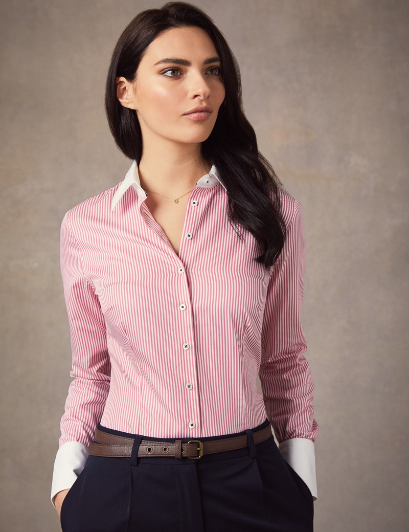 Women's Red & White Bengal Stripe Fitted Shirt With White Collar & Cuff ...