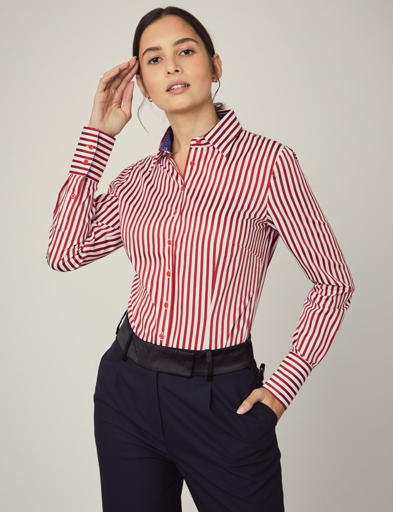 Women's White & Red Stripe Fitted Slim Shirt With Contrast Detail ...