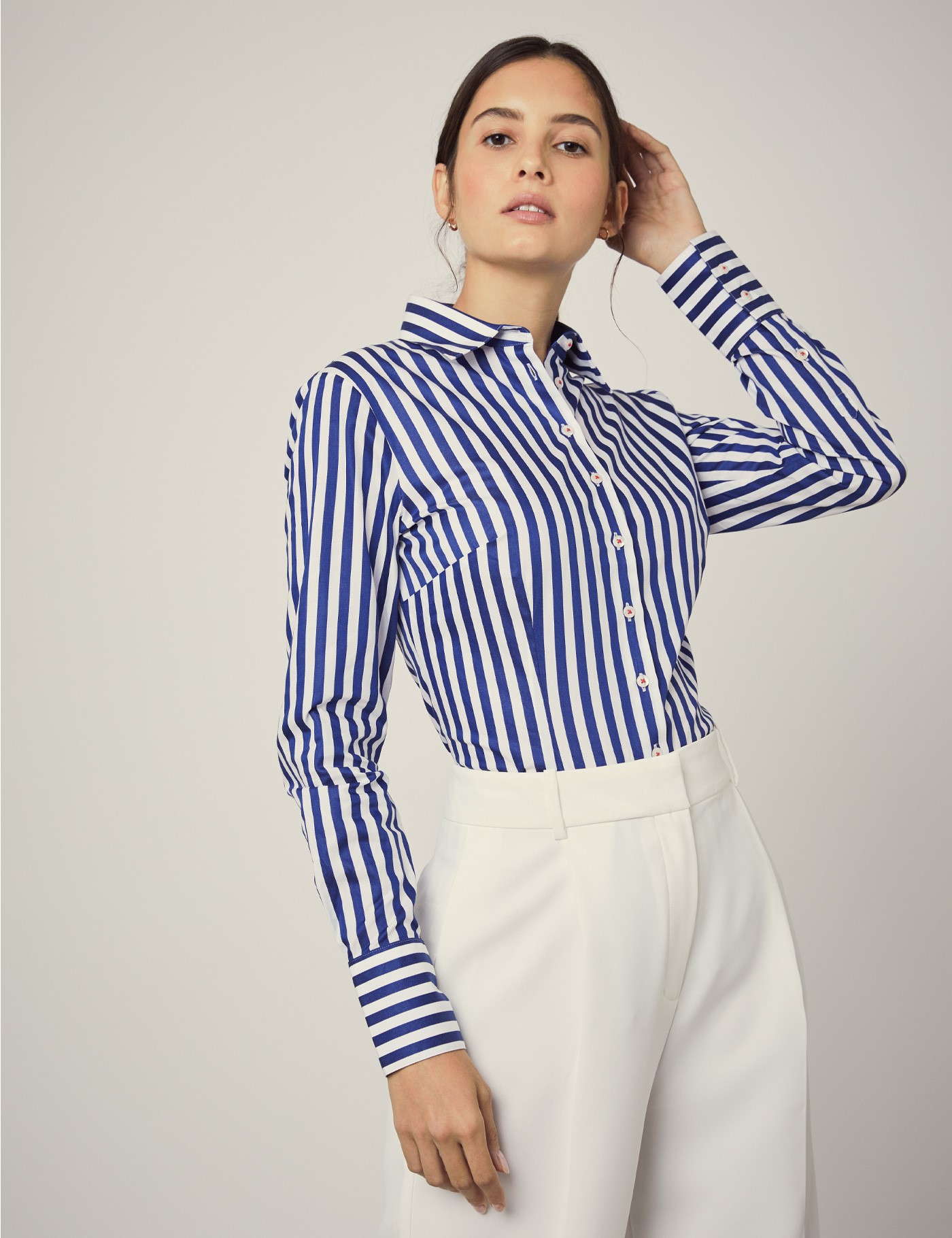 Women's White & Blue Bold Stripe Fitted Shirt With Contrast Detail